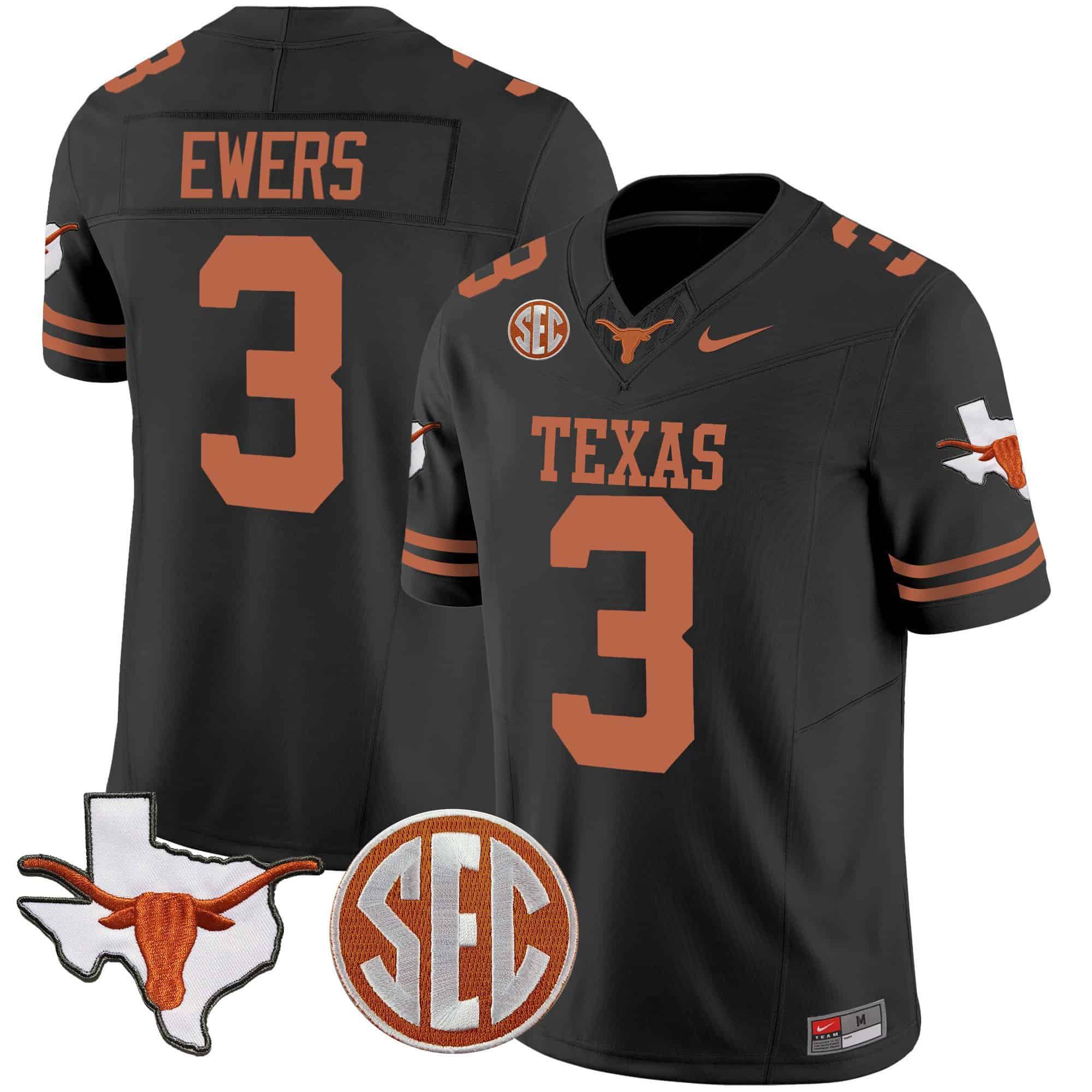 Men Texas Longhorns #3 Ewers Black 2024 Nike State Map & SEC Patch Vapor NCAA Jersey style 1